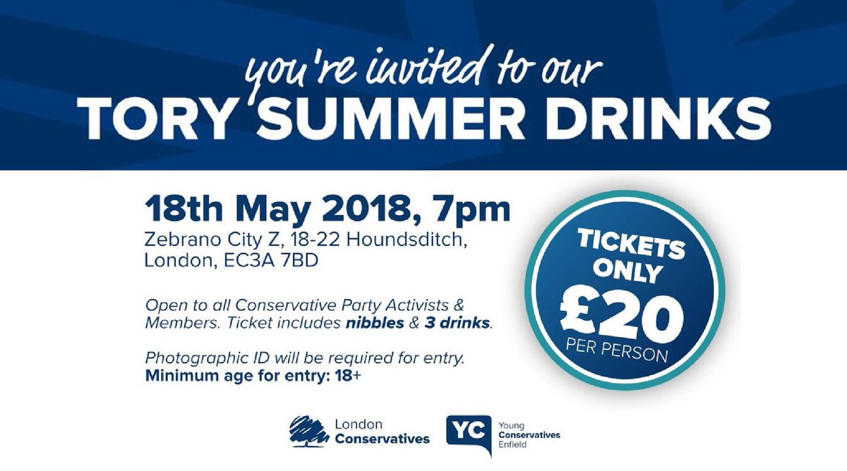 ToryEvents_'s tweet photo. Are you a Tory? ✔️ 

Do you like the idea of an early Summer drinks &amp; networking event? ✔️

Who doesn’t? 🤷🏼‍♀️

Then get yourself registered for this @LdnConservative &amp; #Enfield @young_tories event on 18th May:
https://t.co/pFq0KKHeSb

#ToryEvents https://t.co/n2akytK0Ts