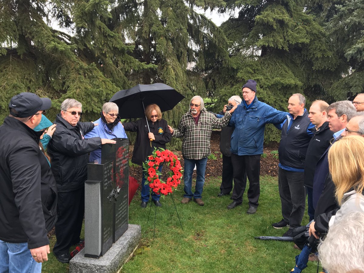 Circle of solidarity around the memorial monument dedicated to those lost in workplace accidents for the day of mourning ceremony held in Merritt Park in Welland on Saturday. Story coming later.