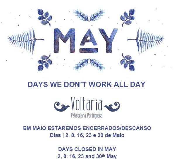 voltariapetisco's tweet photo. Informamos os nossos estimados clientes que durante o mês de Maio, estaremos encerrados nos dias 2, 8, 16, 23 e 30. #PetisqueiraVoltaria #Restaurantes #Porto #RestaurantesPorto #HorarioMaio #Voltaria #BaixadoPorto https://t.co/U4qfV4engQ