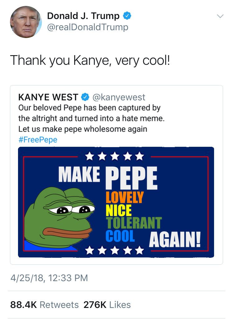 klausgreis's tweet photo. Wie gut, dass er Pepe unterstützt ❤️

#thankyoumisterpresident
#thankyoukanye
#freepepe https://t.co/039i5wodDx