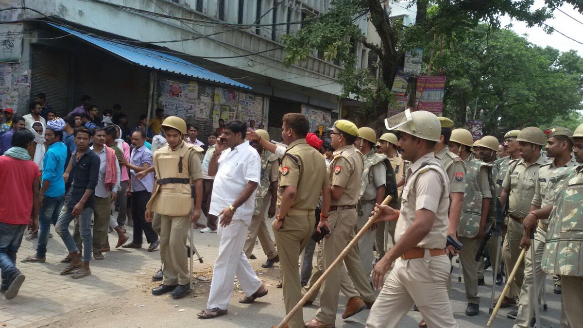 Police force deployed at Saraimeer in Azamgarh district after a violent mob goes on rampage.