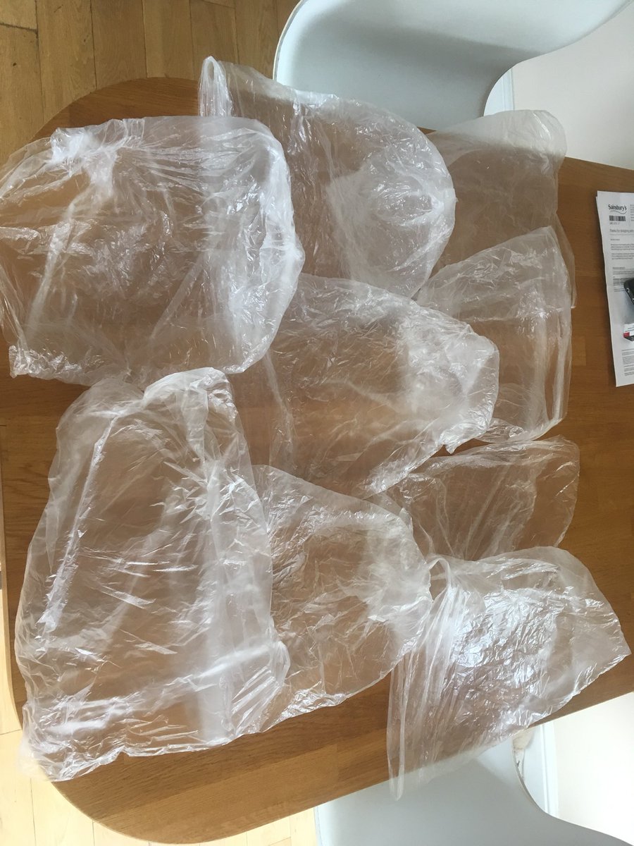 moosh52's tweet photo. So, @sainsburys... in a world where we are trying to reduce plastic, you deliver my shopping (requested without bags) to include 9 plastic bags- which if anything are worse than normal carrier bags as they are too small and flimsy to use for anything else! Really not impressed https://t.co/BYnvDFRfrd