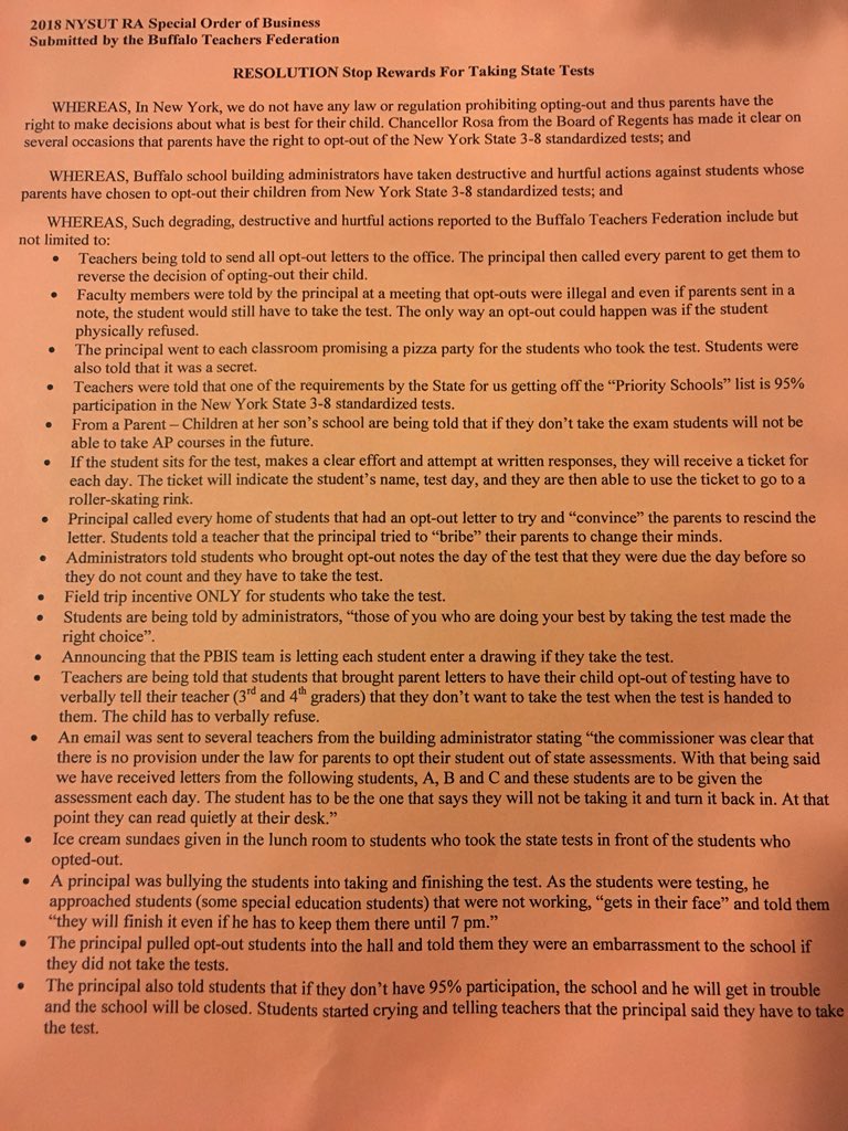 Stop Rewards for Taking Tests!  Tremendous resolution that will fight to protect our students from the harmful effects of SED’s harmful testing regimen! <a href="/BfloTeachersFed/">BTF NY</a> <a href="/nysut/">NYSUT</a> @nysutEVP <a href="/AndyPallotta/">Andy Pallotta</a> <a href="/NYStateBATs/">NYStateBATs</a> <a href="/NYSAPE/">NYS Allies 4 Pub Ed</a> <a href="/LIOptOut/">OptOutLi</a> <a href="/NYCOptOut/">NYC Opt Out</a>
