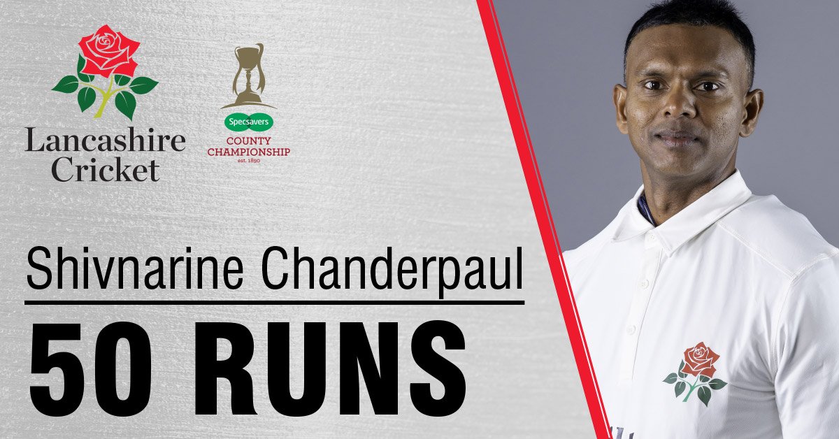 lancscricket's tweet photo. Fifty to Shivnarine Chanderpaul off 123 balls with 5 fours! Well batted Shiv!  @LancsCCC 172-5   #LANvSUR https://t.co/xcRKrk4mHJ
