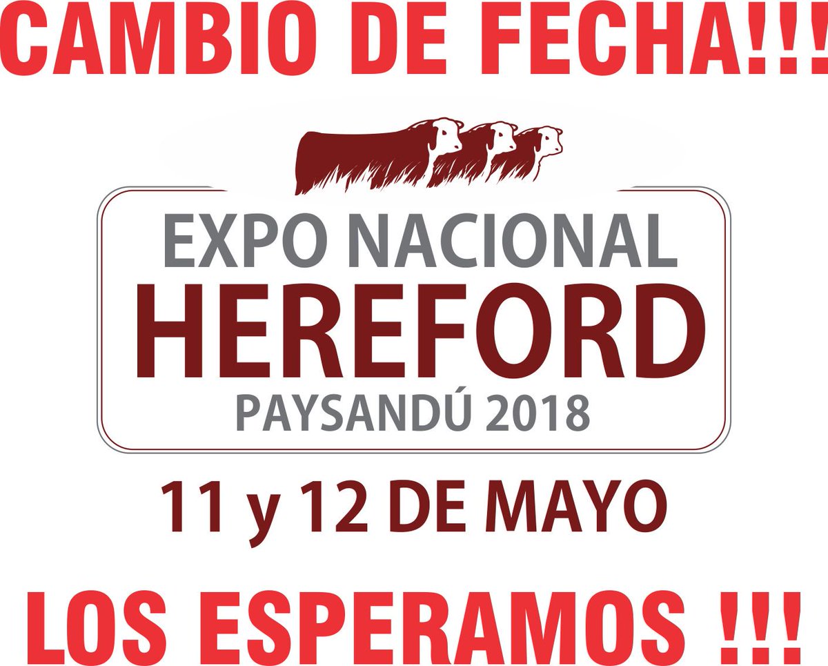 Buen día familia <a href="/hereforduy/">HEREFORD URUGUAY</a>! Ante el pronostico de lluvias durante toda la semana, hemos resuelto posponer una semana el evento para que sea de mayor disfrute para todos. Los esperamos el 11 y 12 de mayo! <a href="/hereforduy/">HEREFORD URUGUAY</a> <a href="/HerefordARG/">Hereford Argentina</a> <a href="/herefordbraford/">ABHB</a> <a href="/PayRural/">Asociación Rural Pay</a>