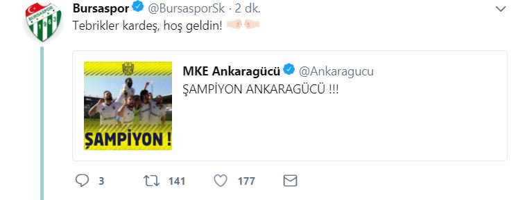 buzzspor's tweet photo. Bursaspor'dan Ankaragücü'ne; Tebrikler karde��, hoş geldin! 🤜🏻 https://t.co/EC2vBcToV2