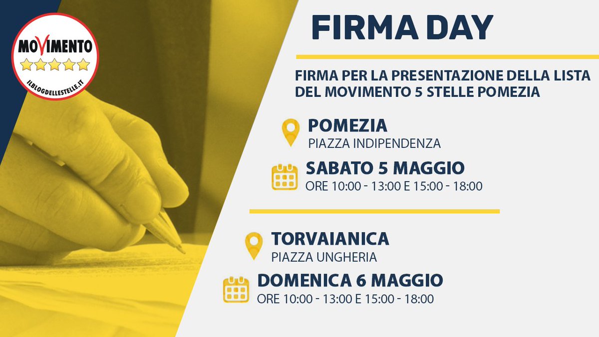 SIAMO PRONTI!
Presentiamo la lista dei candidati consiglieri che sosterranno il nostro candidato Sindaco <a href="/ZuccalaAdriano/">Adriano Zuccalà</a>. La presentazione ufficiale il #4maggio in via Orazio 57 alle ore 17.00. Il 5 e 6 Maggio saremo nelle piazze per i Firma Days
#m5spomezia #sempreinMovimento