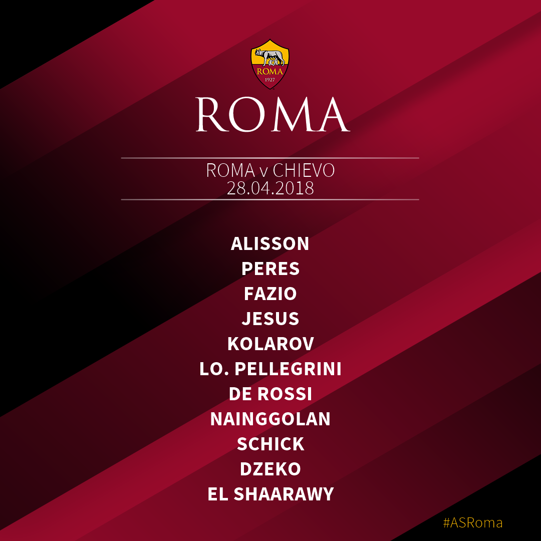 TEAM NEWS | 📋 | Here is our starting line-up for today's game against <a href="/ACChievoVerona/">A.C. ChievoVerona</a>...
 
#ASRoma #RomaChievo #SerieA