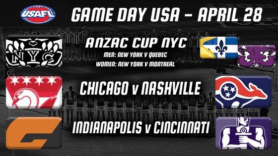 It’s #GameDayUSA!  Round 3 of the USAFL Season:

New York Magpies v Quebec Saints
NY Magpies women v Montreal Angels

Chicago Swans v Nashville Kangaroos

Indianapolis Giants v Cincinnati Dockers