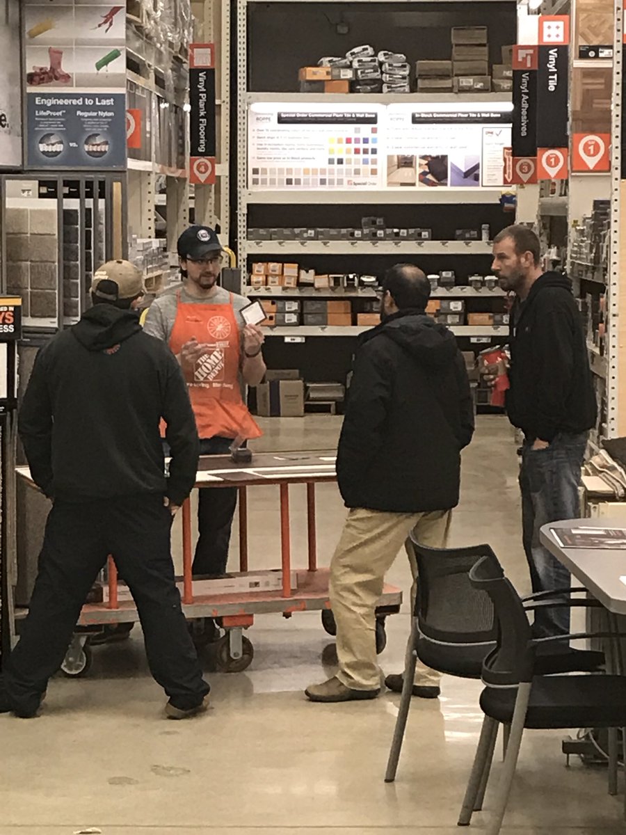 Schulte4A's tweet photo. Nic from D23 running the “how to install laminate flooring” class!  Sold $360.00 in laminate!  Great job Nic!  @LatashaEmpson @dcbellah @McFarrenGary @Haley_2894 @anowaczyk7 https://t.co/Bocb99Kqbm