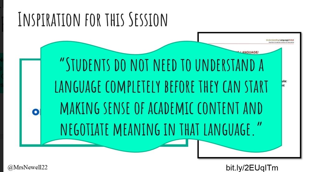 bstockus's tweet photo. Provocative quote. Do we falsely presume students need language before they can engage in the mathematics? @MrsNewell22 at #NCTMannual https://t.co/KAHqeBjaNz