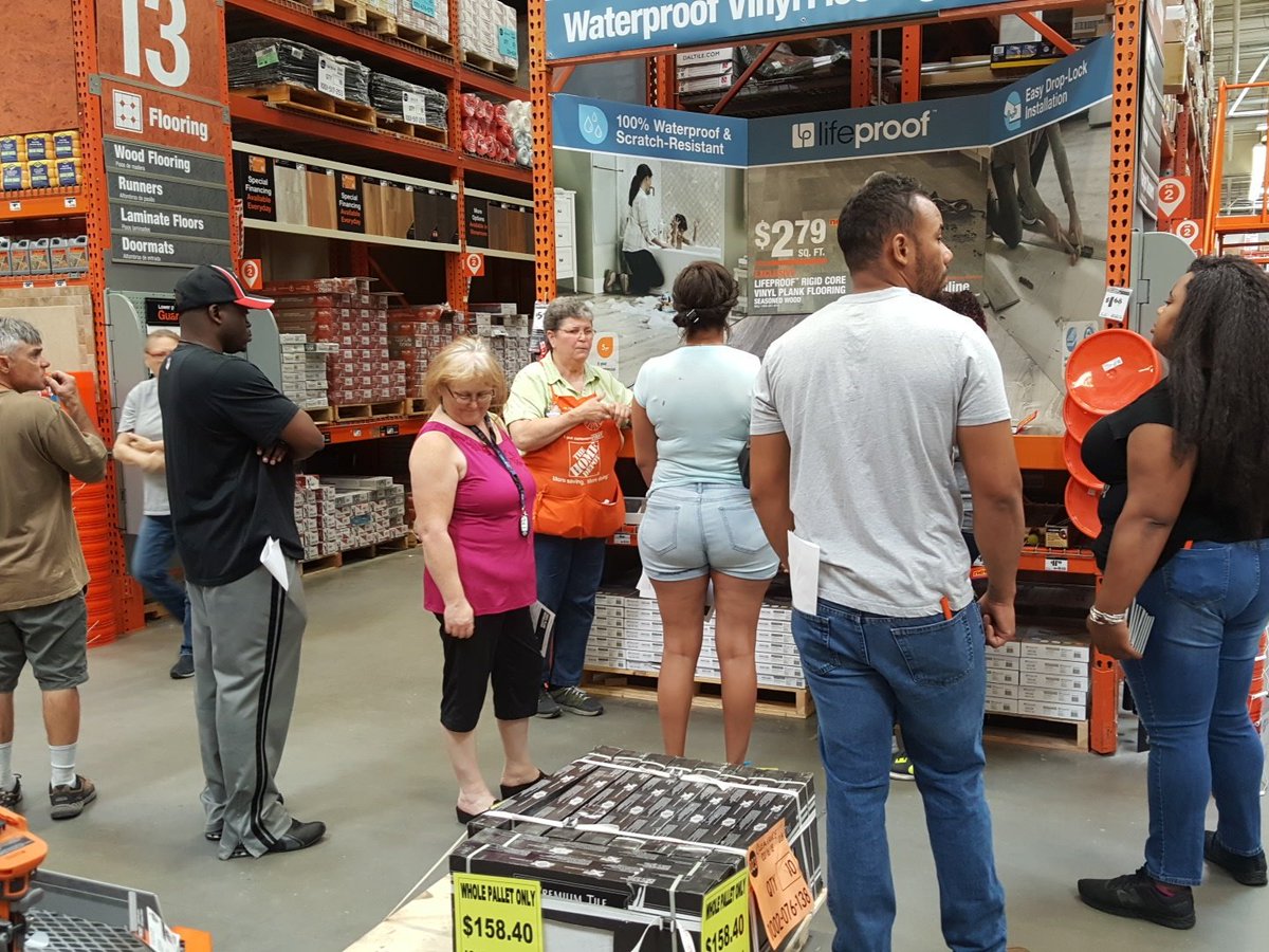 Marcus76528674's tweet photo. Debbie teaching how to install  LifeProof flooring https://t.co/xfKto398BE