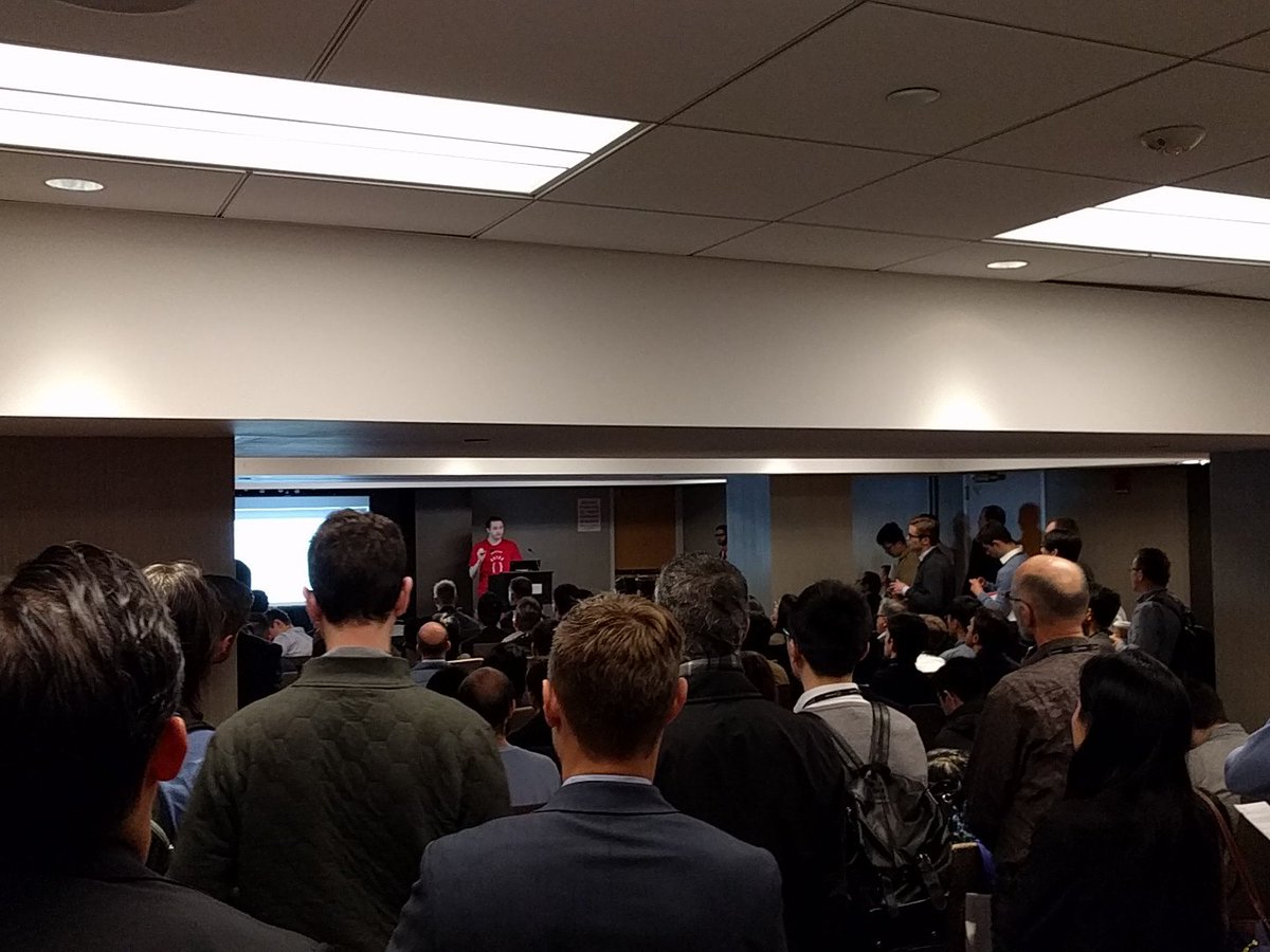 thestreetquant's tweet image. Standing room only @__qualname__ &apos;s neural network talk at #quantcon 2018.