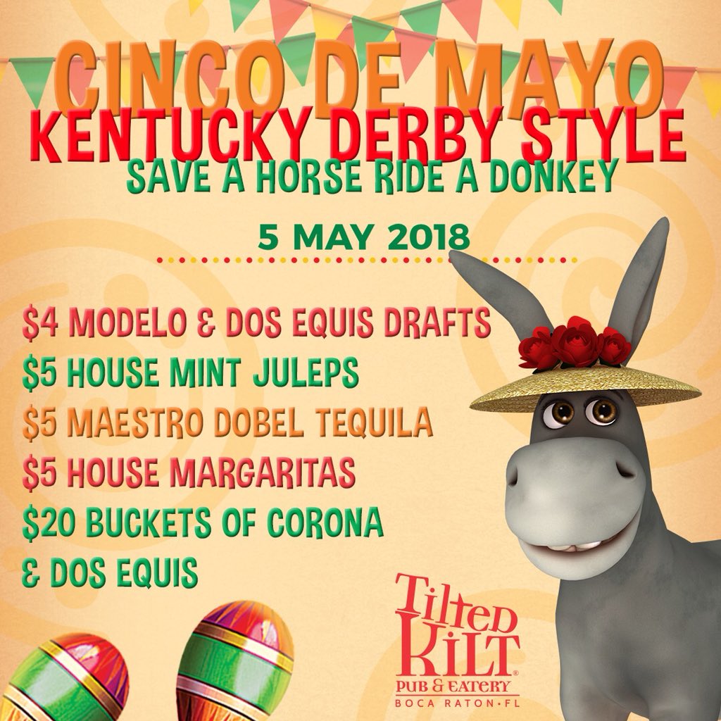 Cinco de Mayo is NEXT Saturday! 🎊

It’s also the Kentucky Derby 🐎

Come watch the Kentucky Derby AND select a drink from our Cinco de Mayo drink specials! 🎊🐎

#cincodemayo #kentuckyderby