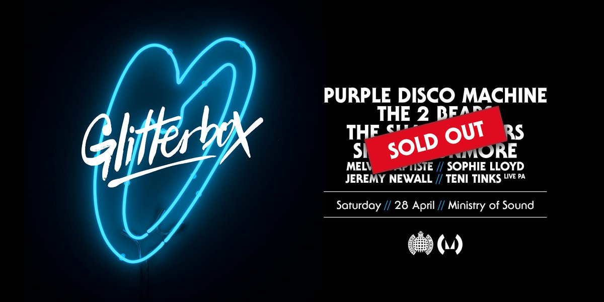 Glitterbox's tweet photo. Tonight we're back at a #SoldOut @Ministry_Club  🎉

We've got... 
@PurpleDiscoM  
@FOLLOWTHEBEARS  
@UKShapeshifters  
@SimonDunmore  
@djsophielloyd  
@MelvoBaptiste  

PLUS live PA from @TeniTinks  
🔥🔥🔥 https://t.co/XeBWd3pxST
