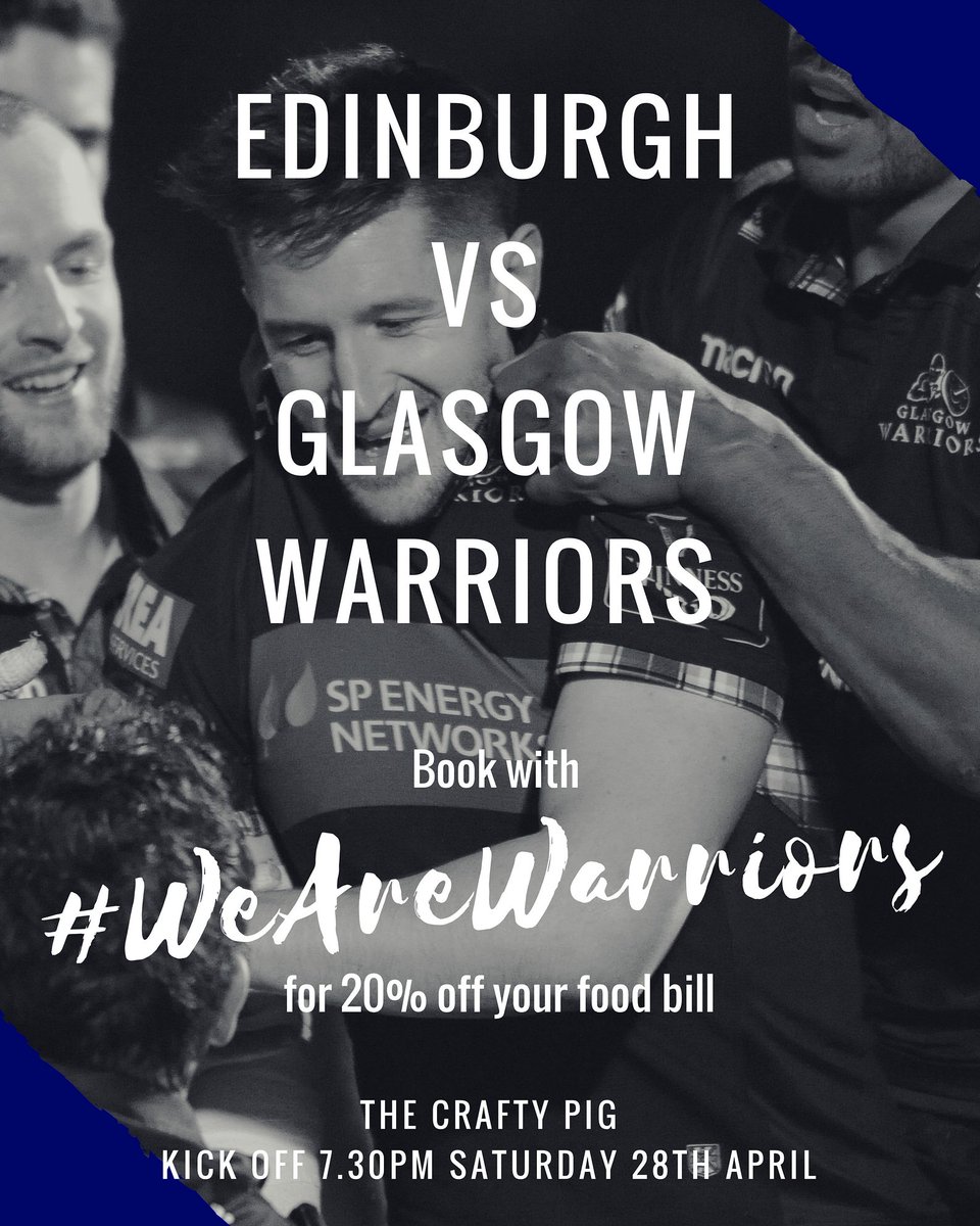 Make sure you're dressed up in your finest <a href="/GlasgowWarriors/">Glasgow Warriors</a> gear tomorrow to show your support for the lads during the derby. 

We'll also throw in a cheeky wee 20% off food if you book with the hashtag. Don't worry, we've got you covered guys.