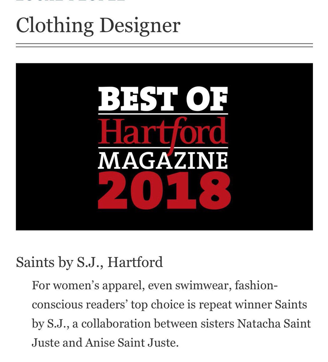 SaintsbySJ's tweet photo. Voted by the people for the people
THANK YOU SO MUCH for voting @saintsbysj DESIGNER OF THE YEAR 2018 In HARTFORD MAGAZINE Seen In @hartfordcourant
#RepeatWinners #BestDesigner2018 #BestDesigner2017 #ReadersPoll #DesignerLife https://t.co/ZD6kSsEJxR