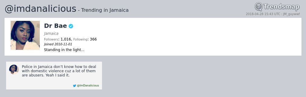 TrendsJamaica's tweet photo. Dr Bae, @imdanalicious is now trending in Jamaica

https://t.co/zumsSzud2n https://t.co/ti44YQflHJ