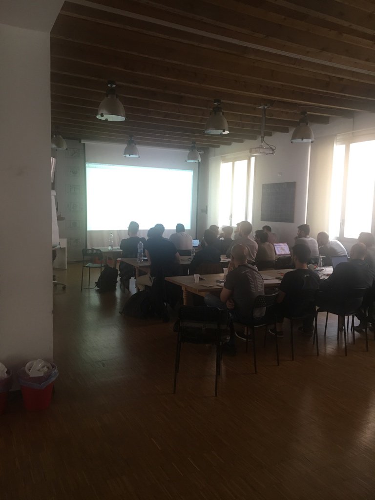gabrielelana's tweet photo. First day of second edition of "Foundation of Functional Programming: Theory and Practice" #semigroup all the things with @GiulioCanti /cc @Mikamai @LinkMeSRL @fusillicode https://t.co/Mh4GAvR7D3
