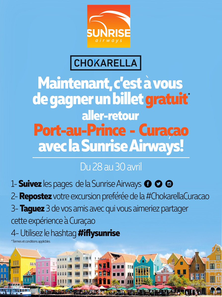 chokarella's tweet photo. Vous avez suivi l’expérience Curaçao avec notre partenaire? Maintenant gagnez un billet aller-retour PAP-CUR GRATUIT* avec la @sunrise_airways en partageant votre meilleure excursion de la #ChokarellaCuracao. Pour une chance de gagner, jusqu’au 30 avril : https://t.co/DwA8PrIBZu