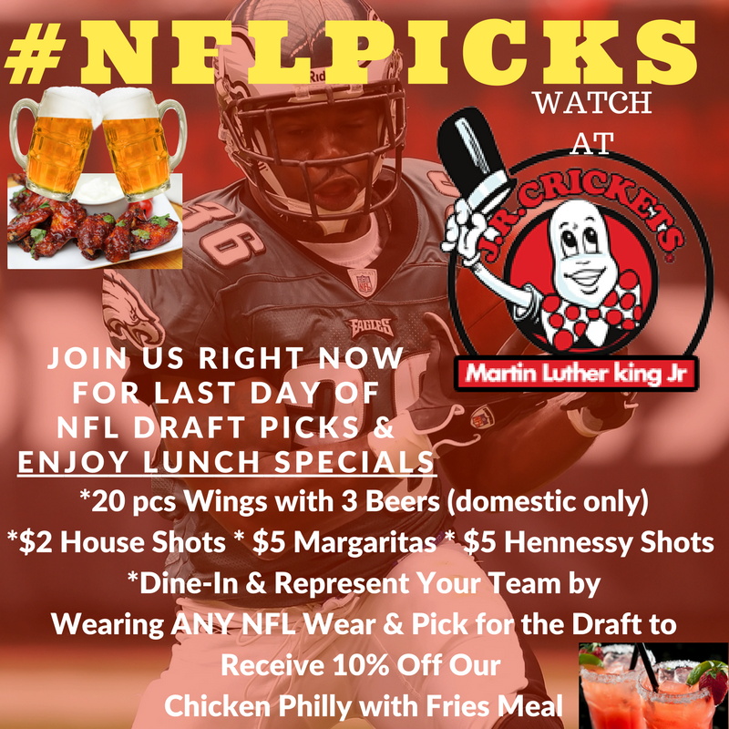 jrcmlk's tweet image. NFL Draft Picks RIGHT NOW!! 
Join us to watch the NFL Picks in our upstairs dining sports bar! 

#JrCricketsMLK #NFLDraftPicks #JrCricketsMLKWings