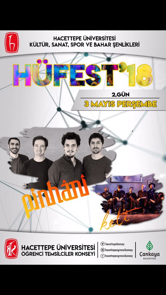 hacettepekonsey's tweet photo. HÜFEST'18 in ikinci günü olan 3 Mayıs'ta Pinhani ve Keti Beytepe Amfi Tiyatroda bizlerle birlikte olacak. #HUFEST18 https://t.co/7XRmrXyTNf