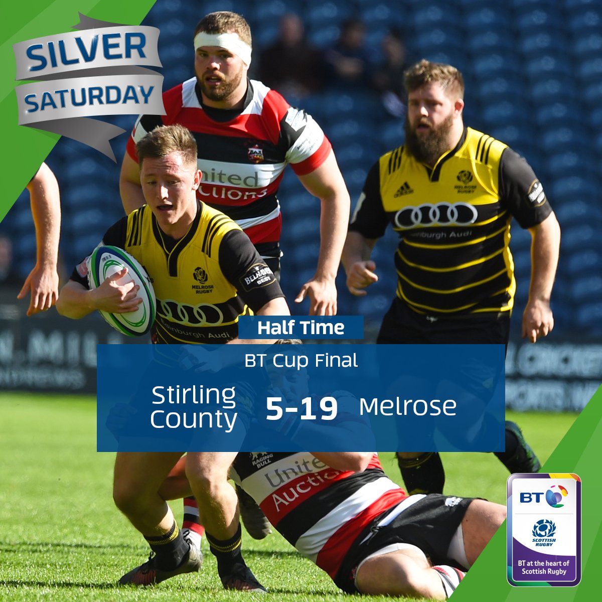 Scotlandteam's tweet photo. BT MEN'S CUP FINAL HALF TIME | Stirling County 5 - 19 Melrose
Three tries from @MelroseRugby give them the lead at half-time over @StirlingCounty on #SilverSaturday #SCvMEL #AsOne https://t.co/KpBSMxNwqc