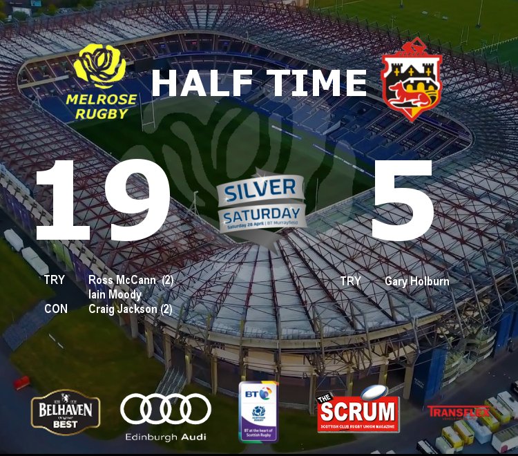 MelroseRugby's tweet photo. Half-time score at BT Murrayfield
@StirlingCounty 5 Melrose 19
#MakeItHappen #SilverSaturday #SCvMEL https://t.co/yqqYWvLSnj