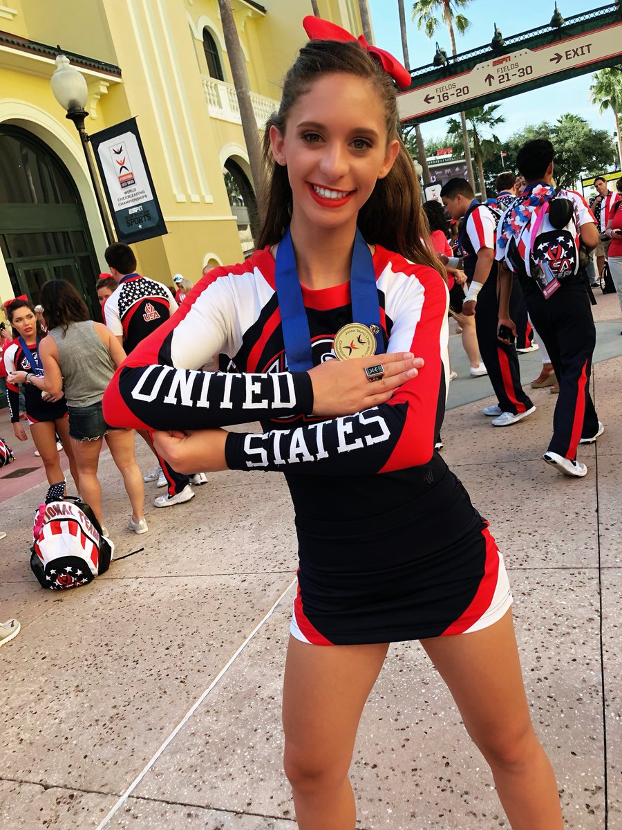 MayahOlivero's tweet photo. it was truly a blessing to cheer for @usacheer I am beyond thankful to represent my country while doing what I love! This experience will forever be with me❤️🇺🇸💙 #USACheer #gold https://t.co/vGyNt11qV3