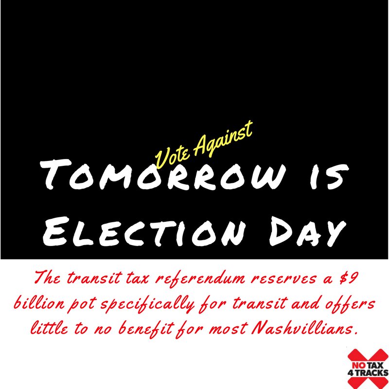 NoTax4Tracks's tweet photo. Can you believe tomorrow is Election Day!
Follow #NoTax4Tracks on Twitter and Facebook to get the truth about the city's transit tax referendum before heading to the polls.
#VoteAGAINST https://t.co/2vxCDup8uu