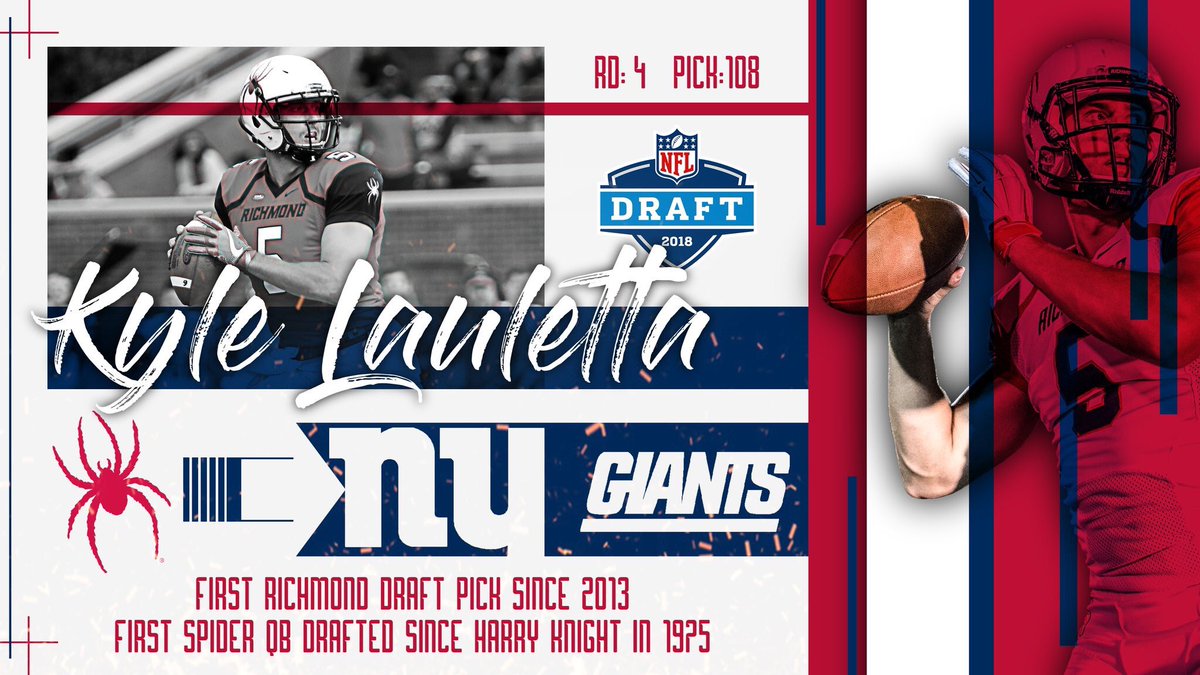 urichmond's tweet photo. BREAKING | #URichmond QB Kyle Lauletta (@kylelauletta) chosen by the New York @Giants with the 108th pick in the 4th round of the #NFLDraft  

Congrats Kyle! First Spider draft pick since 2013, first Spider QB chosen since 1975.

#GoSpiders 🕷🏈 https://t.co/VmpZi5e5hf
