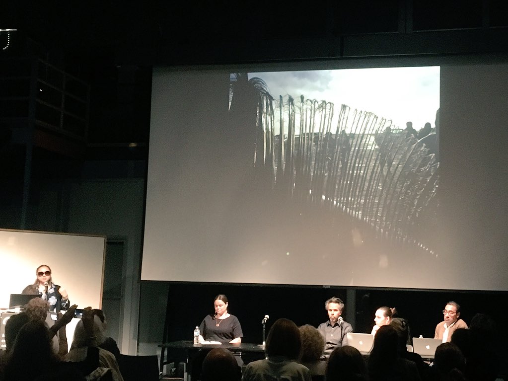 ACTMIT's tweet photo. From L-R: Courtney M. Leonard (Shinnecock), @eringenia (Sisseton-Wahpeton Oyate), Jackson Polys (Tlingit), Kite (Oglala Lakota) and Mario Caro on Creating Indigenous Futures at #zooetics+ https://t.co/2tLbwgLAqG
