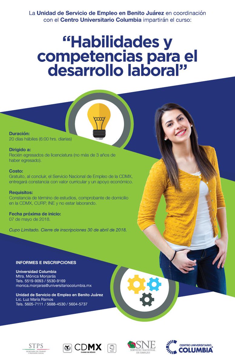 Centro Universitario Columbia y la Unidad de Servicios de Empleo en Benito Juárez te invitan a participar en el curso "Habilidades y competencias para el desarrollo laboral" el próximo 7 de mayo. Para mayores informes contactanos ow.ly/igAn30jzyAk