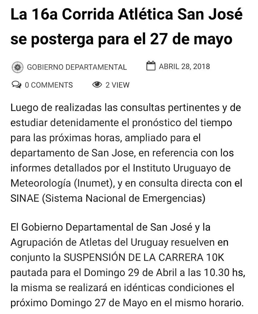 Nueva fecha Corrida Atlética de San José/ 27 de Mayo. <a href="/sanjosegobierno/">Intendencia de San José</a> <a href="/sanjose_turismo/">Oficina de Turismo Intendencia de San José</a>  <a href="/JLFalero/">José Luis Falero</a>