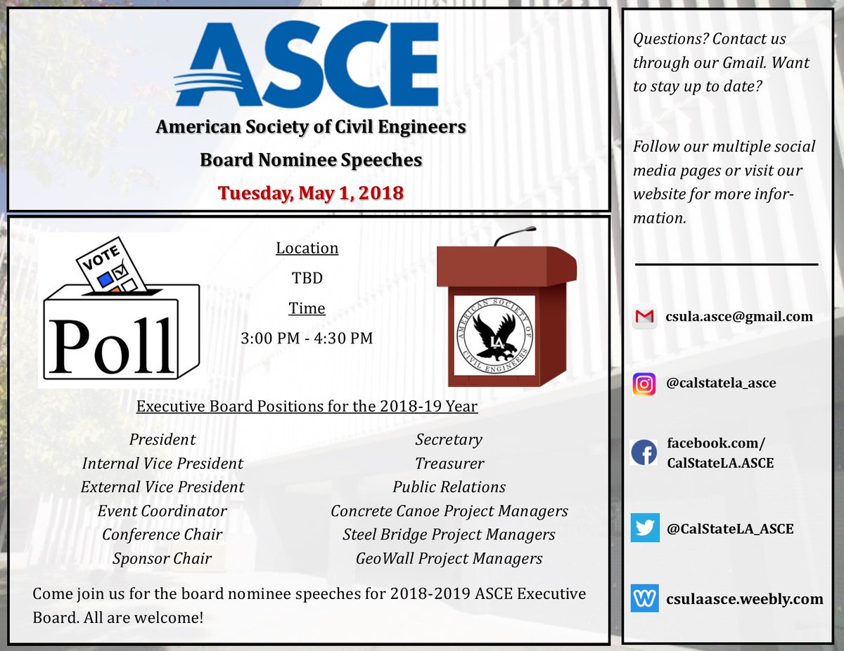 CalStateLA_ASCE's tweet photo. Come join us for the Board Nominee Speeches on Tuesday, May 1, from 3:00 PM to 4:30 PM. Location TBD. All are welcome to come and see the nominees give their speech for the 2018-2019 ASCE Executive Board. See you there!

#WeAreECST #ECSTPride #CalStateLAECST #ASCE #Elections https://t.co/4OxhGgziag