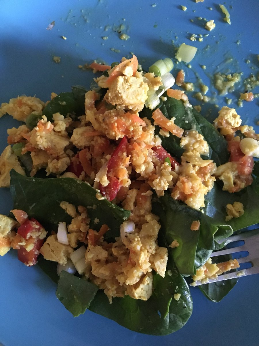 letusrevolt's tweet photo. Come home starving and need to eat n.o.w.?? Welcome to the joys of #foodprep. Made a big patch of @RozannaPurcell @WellFestIrl #Wellgood stirfry with #caulirice days ago. Heated some up with #vegancheese. Washed #spinach, chopped #springinions. Took 2 mins πππΌ https://t.co/8FP21vCNV1