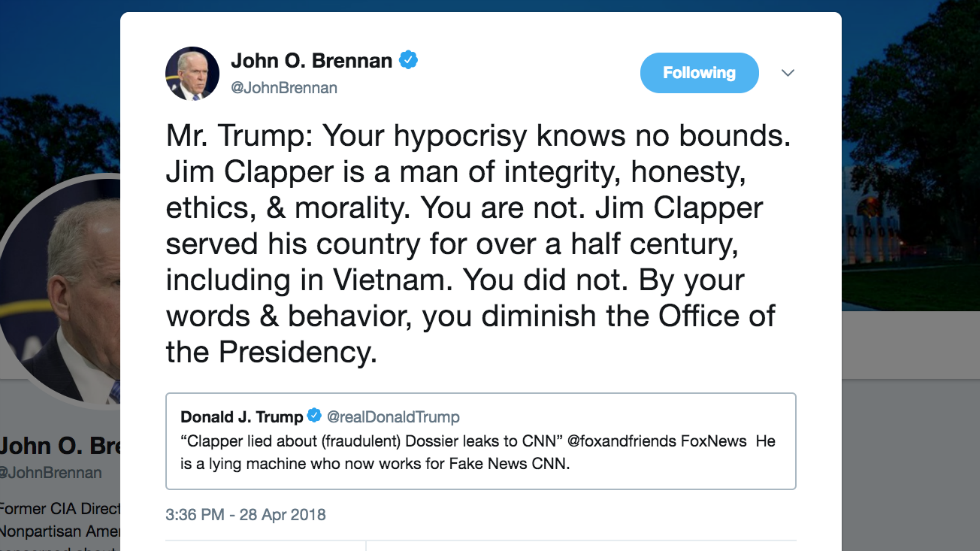 thehill's tweet photo. Ex-CIA chief shreds Trump: "You diminish the Office of the Presidency" https://t.co/o5C6psELWM https://t.co/rS9gNsxFk4