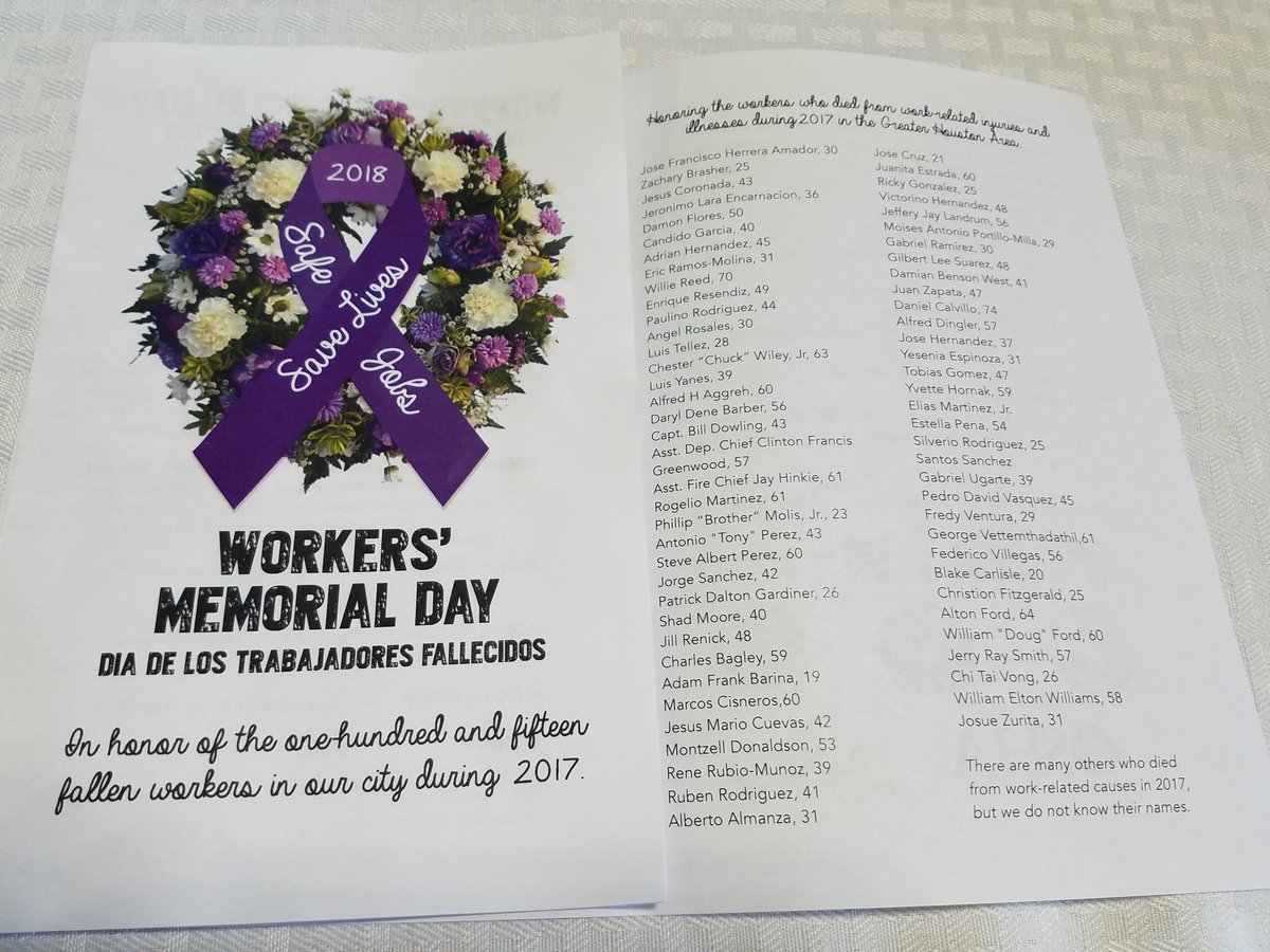 nunez_anna's tweet photo. On #WorkersMemorialDay, honoring 115 #WorkerFatalities in #Houston in 2017. Thank you coalition: @HoustonWorkers @TXGCALF @SeafarersUnion @WorkersDefense @LIUNA @OSHA_DOL @hgcbctc @IBEW @AFLCIO
#TXlege #Labor #WorkplaceSafety
#WorkerRights #1U #1USafety @TXSenHispanics @MALCTx https://t.co/UZy9rGSB5A