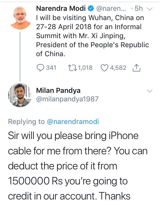 zeeinscriptions's tweet photo. This is damn 😂😂😂 @milanpandya1987 asks Modi to bring iPhone cable from China and deduct the amount from 15L he promised!!
#ModiInWuhan
@Subytweets https://t.co/trmdZzbfR2