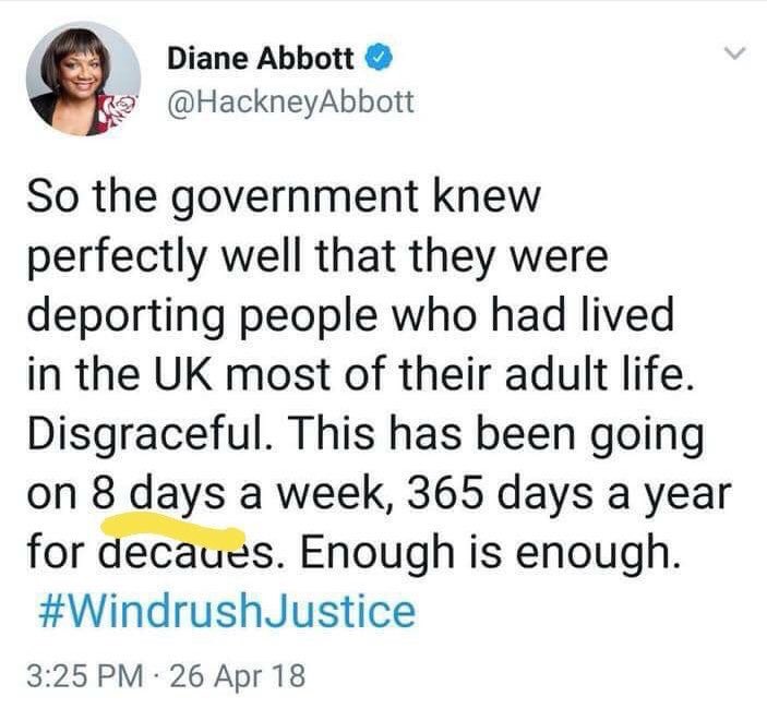 Powered by <a href="/HackneyAbbott/">Diane Abbott</a> &amp; <a href="/stellacreasy/">stellacreasy</a> 

#WindrushJustice - 8 days a week 😳

#Labour won’t Make Walthamstow Great Again 

Do NOT #VoteLabour 
#LocalElections2018