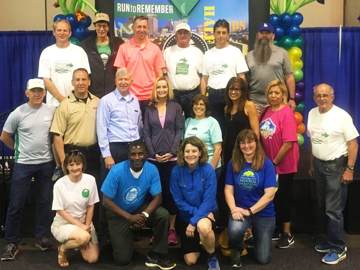 OKCMarathon's tweet photo. Today's expo is filled with an extremely dedicated and close group. They make up a portion of the #RanThemAll group: participants in the inaugural 2001 marathon and every one since. Truly inspiring. #RuntoRemember https://t.co/DG5nAZxpQs