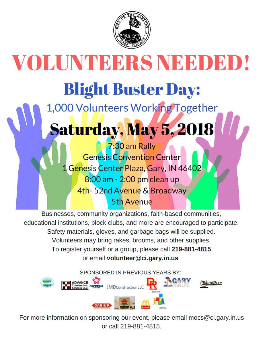 SteelCity219's tweet photo. This Saturday Steel City students and staff will be participating in @TeamGaryIndiana May Blight Buster! We will be meeting @school at 7:15 am to provide bus transportation to the Genesis Center! Wear your Steel City swag and come ready to work! #WeAreSteelCityStrong #GaryMatters https://t.co/BXK9cs0ftL