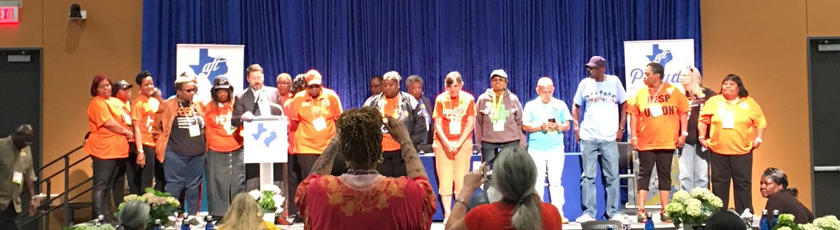 TexasAFT's tweet photo. “We have unions for a lot of reasons but when danger and trouble strike, we stand together strong.” @louismalfaro presents special service award to HESP @wthomas6315 who provided critical help, food and shelter to fellow educators after hurricane. #txed #txlege #thisisUnion https://t.co/m69fUb07Cx