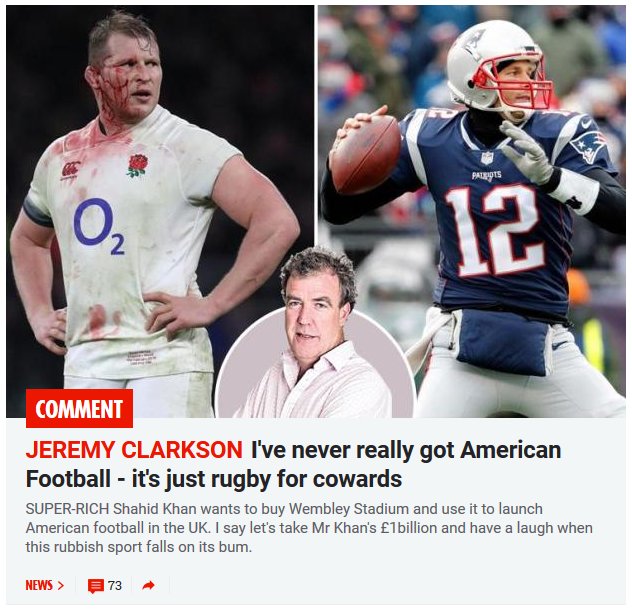 DavidYungAOB's tweet photo. Jeremy Clarkson's views on American football has never been positive...

https://t.co/9UVEeTx8RB

...but he is woefully ignorant &amp; deliberately stupid about its appeal in the UK as the games at Wembley &amp; Twickenham have sold out so far. Can it continue!? 

https://t.co/DrzbBy6H25 https://t.co/xXPjT4YIXu
