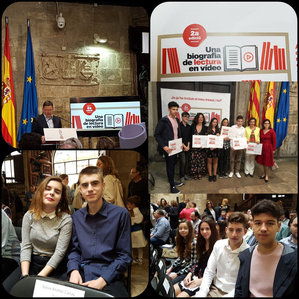 IesccValencia's tweet photo. Síntesi en imatge del que ha estat el pas d' @iesccalaquas pel lliurament de premis #biolectura aquest matí al saló gòtic del palau de la Generalitat https://t.co/wjruohA35d