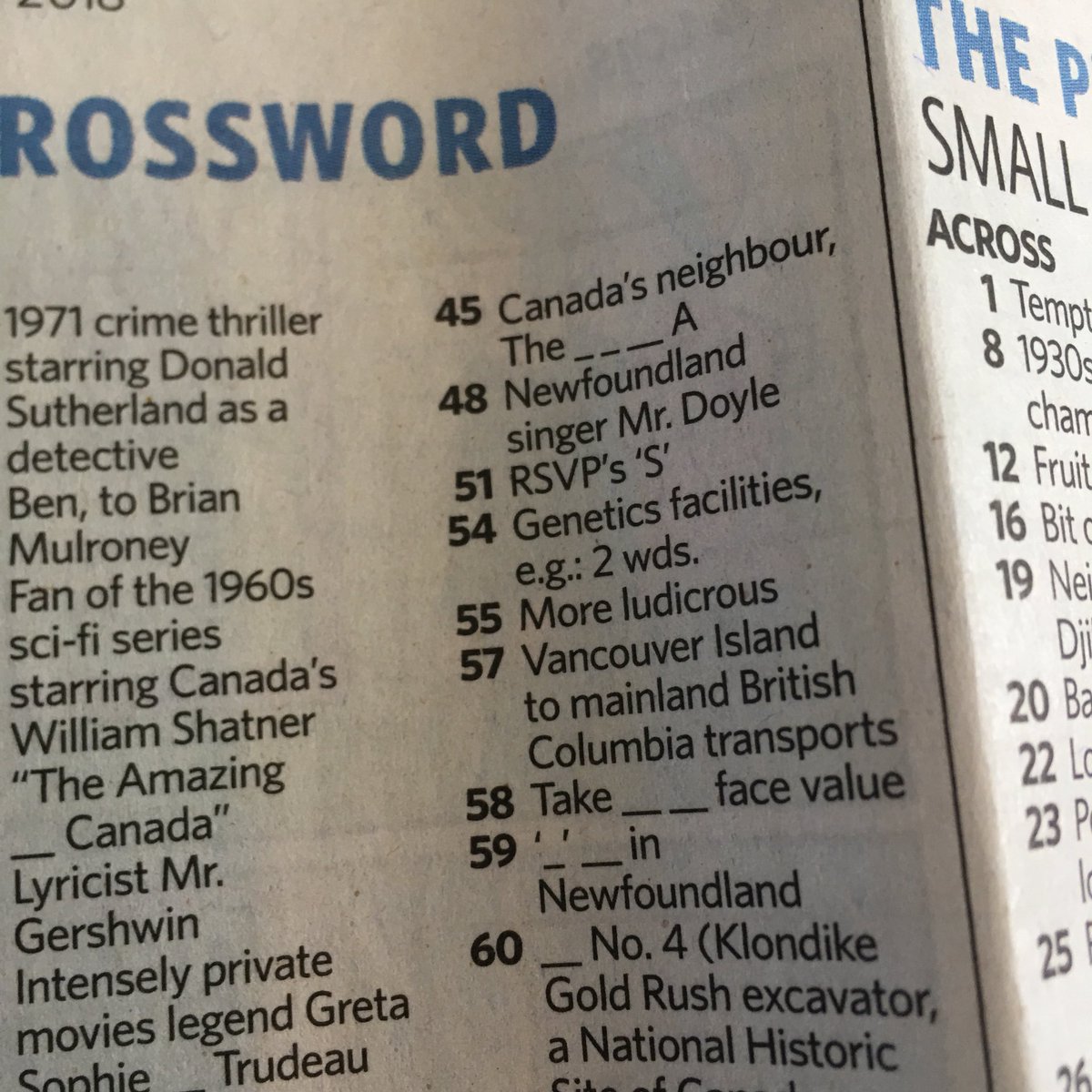 RichardCrouse's tweet photo. @alanthomasdoyle you must know some Newfoundland singers! Can you help me with the answer to #48 down?   @SeamusORegan #crosswordclue #aweekatthewarehouse https://t.co/VnXfR0WUjH