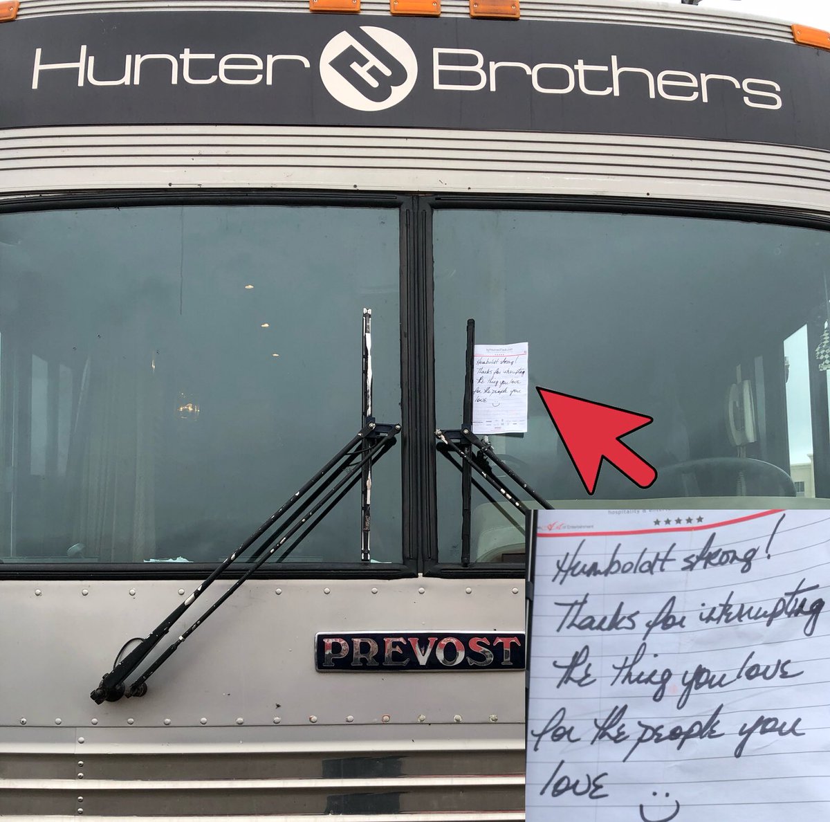 We found this note on our bus this morning when we arrived back in #Toronto after the <a href="/HumboldtBroncos/">Humboldt Broncos</a> tribute concert. Thank you for your message and thoughtfulness... we appreciate your kindness, support and understanding. #HumboldtStrong
