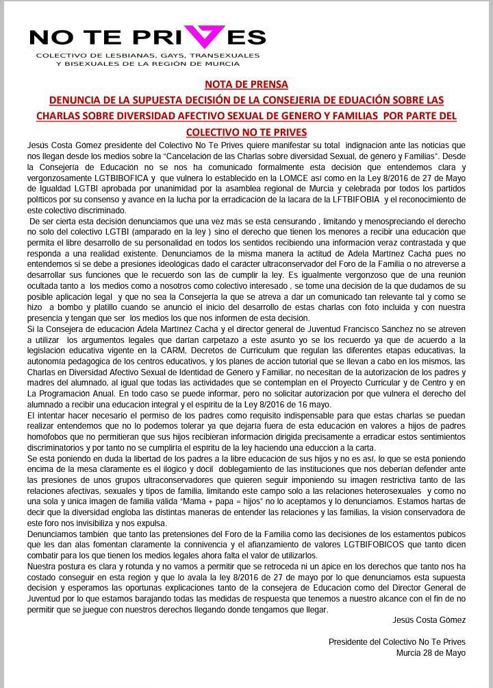 Chenchomt's tweet photo. Comunicado de @cnoteprives ante la retirada por parte de @AdelaMCacha de @Educarm de las charlas en diversidad afectivo sexual de genero y familia. Deseando escuchar la réplica. https://t.co/Jfca6I1EZC