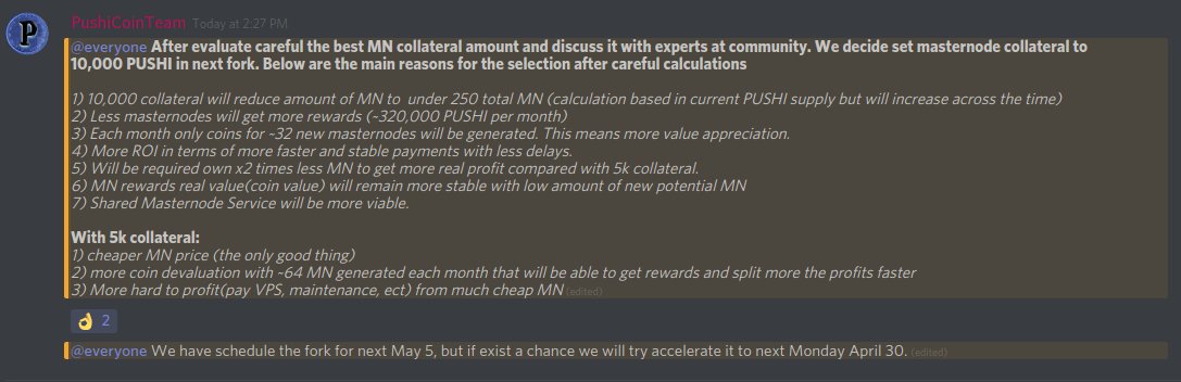 PushiCoinTeam's tweet photo. After evaluate careful the best MN collateral amount and discuss it with experts at community. We decide set masternode collateral to 10,000 PUSHI in next fork. Below are the main reasons for the selection after careful calculations https://t.co/S6Ibj9NlxW