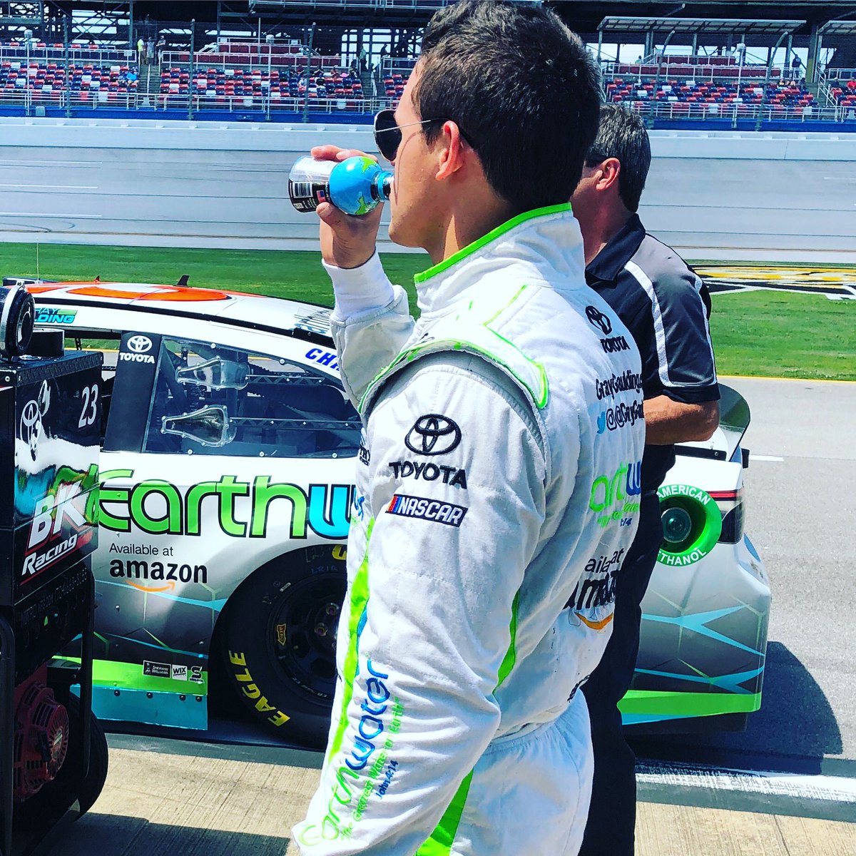 EW_Racing's tweet photo. Sure heated up today at #Talladega but good thing we have plenty of #earthwater on hand! #hydrate #graygaulding https://t.co/63GD876hyX
